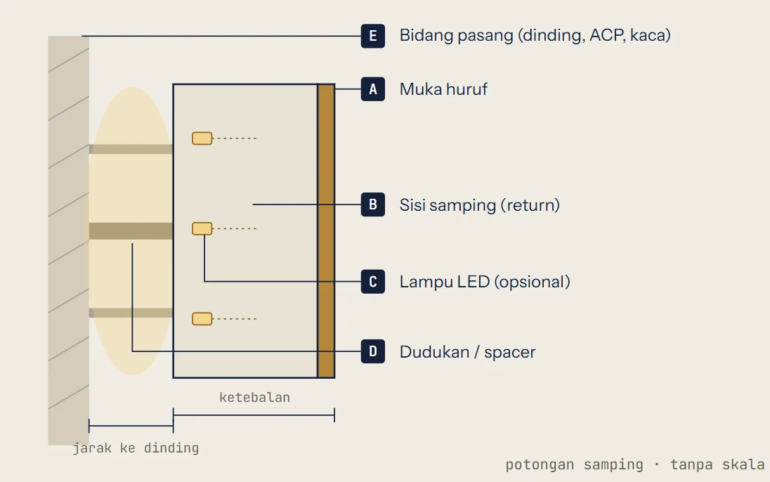 Diagram bagian-bagian huruf timbul: muka huruf, sisi samping, lampu, dudukan, dan bidang pasang